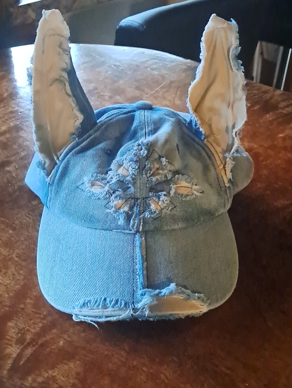 Light Blue Distressed Denim Cap with Playful Fabric Ears
